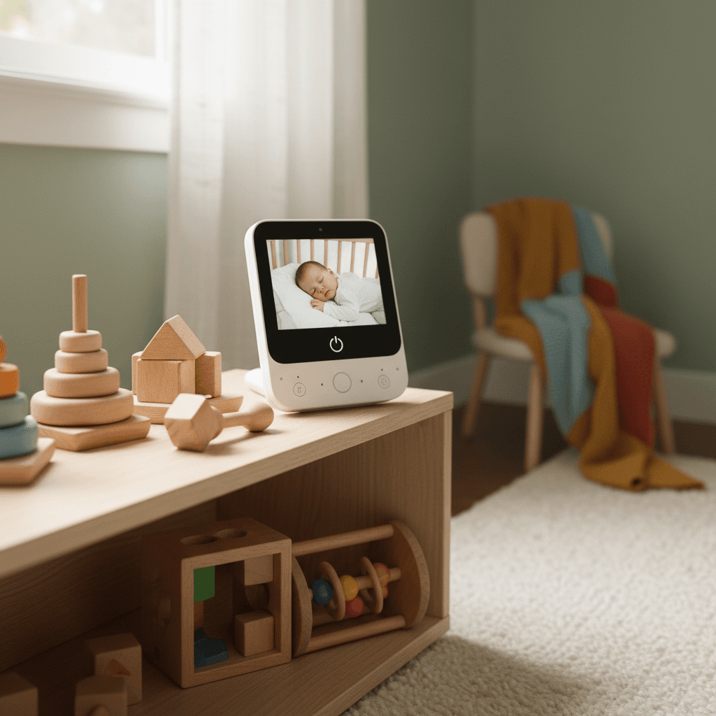 Babyphone et jouets pour bébé dans une chambre d\'enfant